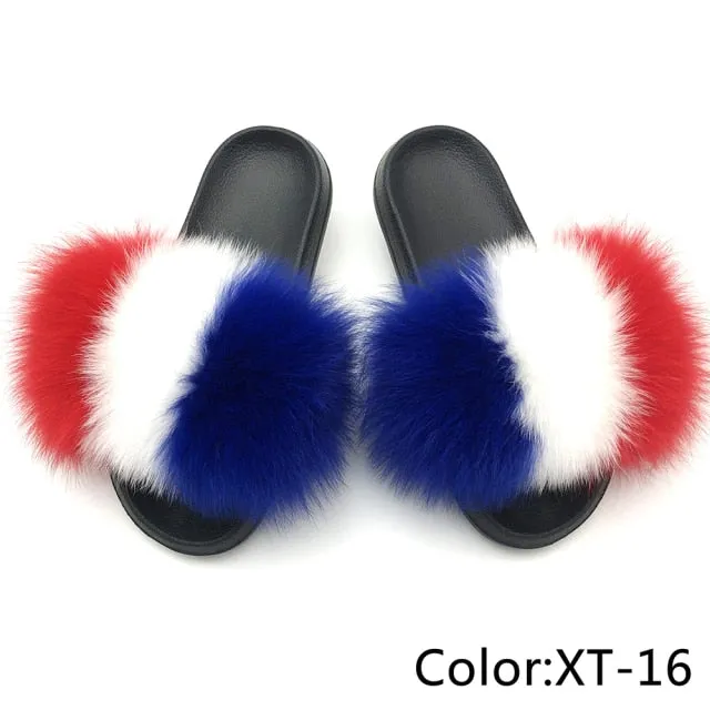 Yeknu Fur Slippers Women Real Fox Fur Slides Home Furry Flat Sandals Female Cute Fluffy House Shoes Woman Brand Luxury