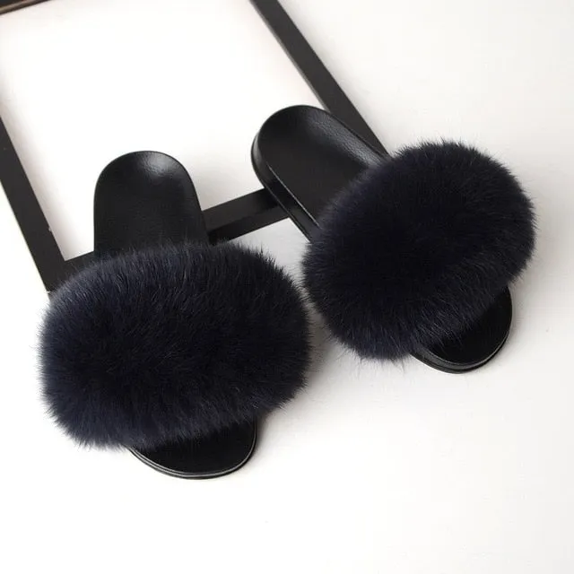 Yeknu Fur Slippers Women Real Fox Fur Slides Home Furry Flat Sandals Female Cute Fluffy House Shoes Woman Brand Luxury