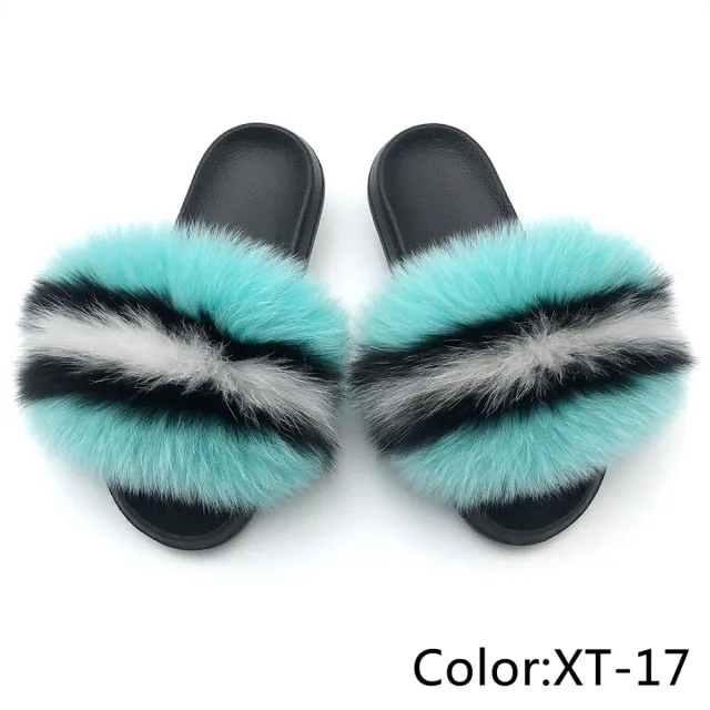 Yeknu Fur Slippers Women Real Fox Fur Slides Home Furry Flat Sandals Female Cute Fluffy House Shoes Woman Brand Luxury