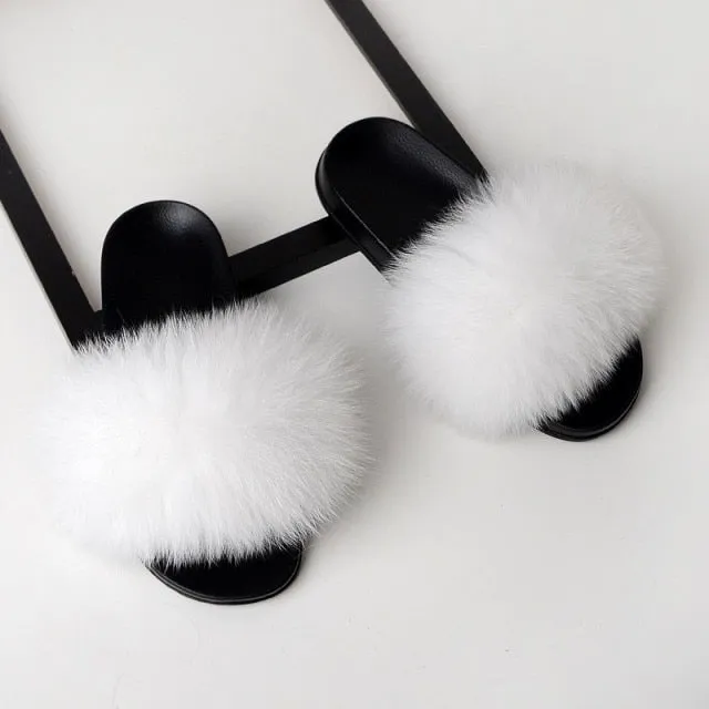 Yeknu Fur Slippers Women Real Fox Fur Slides Home Furry Flat Sandals Female Cute Fluffy House Shoes Woman Brand Luxury