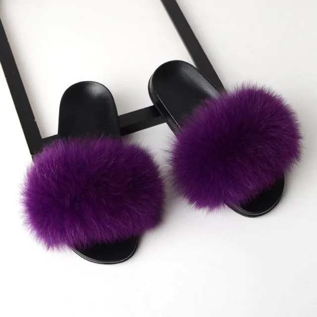 Yeknu Fur Slippers Women Real Fox Fur Slides Home Furry Flat Sandals Female Cute Fluffy House Shoes Woman Brand Luxury