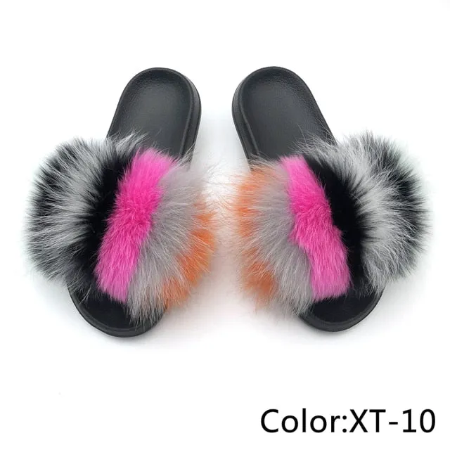 Yeknu Fur Slippers Women Real Fox Fur Slides Home Furry Flat Sandals Female Cute Fluffy House Shoes Woman Brand Luxury
