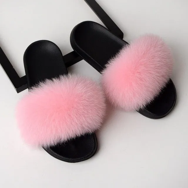 Yeknu Fur Slippers Women Real Fox Fur Slides Home Furry Flat Sandals Female Cute Fluffy House Shoes Woman Brand Luxury
