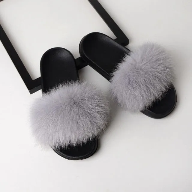 Yeknu Fur Slippers Women Real Fox Fur Slides Home Furry Flat Sandals Female Cute Fluffy House Shoes Woman Brand Luxury