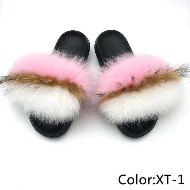 Yeknu Fur Slippers Women Real Fox Fur Slides Home Furry Flat Sandals Female Cute Fluffy House Shoes Woman Brand Luxury