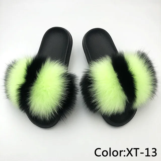 Yeknu Fur Slippers Women Real Fox Fur Slides Home Furry Flat Sandals Female Cute Fluffy House Shoes Woman Brand Luxury