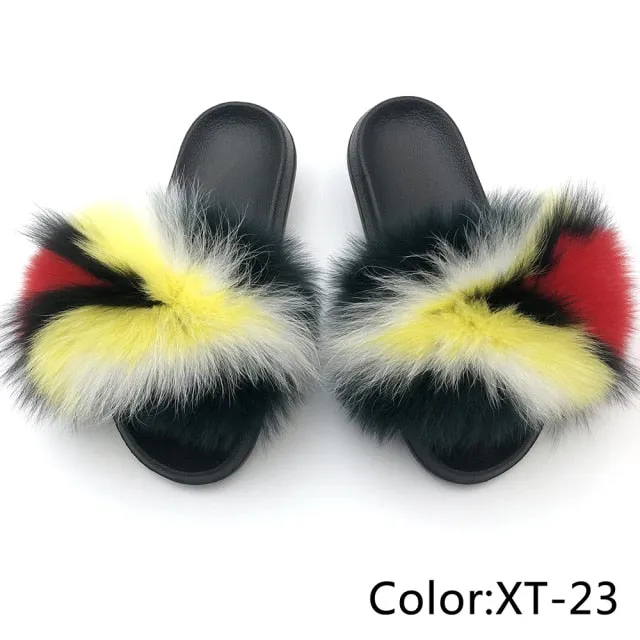 Yeknu Fur Slippers Women Real Fox Fur Slides Home Furry Flat Sandals Female Cute Fluffy House Shoes Woman Brand Luxury