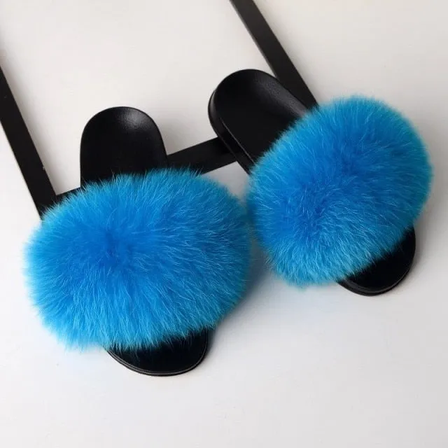 Yeknu Fur Slippers Women Real Fox Fur Slides Home Furry Flat Sandals Female Cute Fluffy House Shoes Woman Brand Luxury