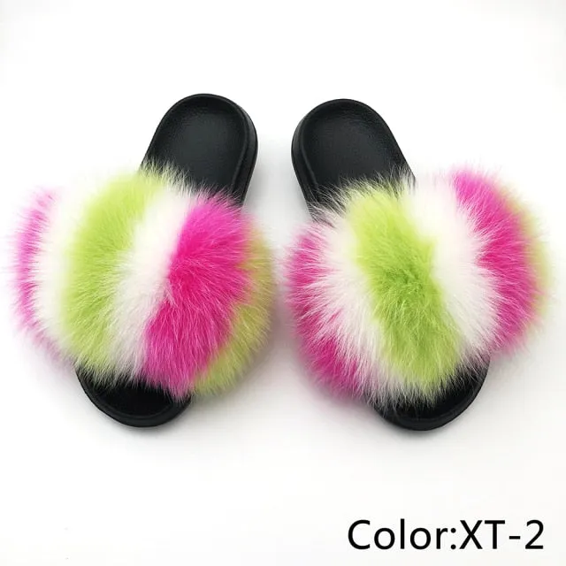 Yeknu Fur Slippers Women Real Fox Fur Slides Home Furry Flat Sandals Female Cute Fluffy House Shoes Woman Brand Luxury