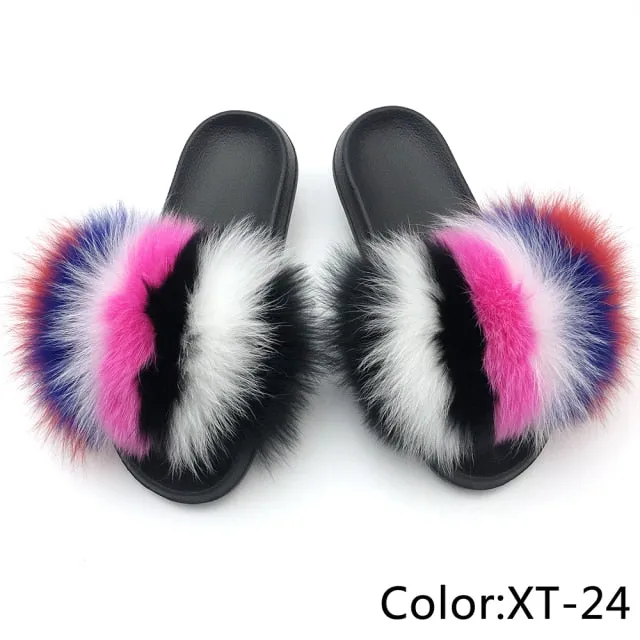 Yeknu Fur Slippers Women Real Fox Fur Slides Home Furry Flat Sandals Female Cute Fluffy House Shoes Woman Brand Luxury