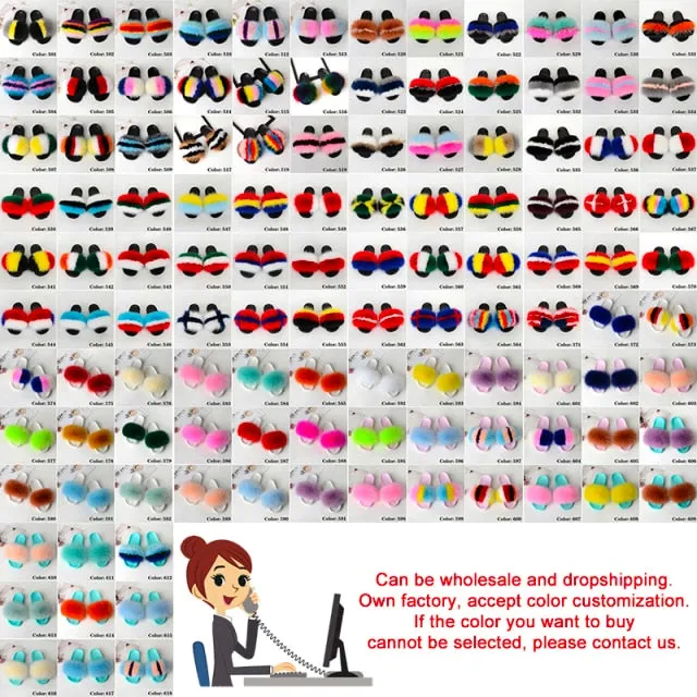 Yeknu Fur Slippers Women Real Fox Fur Slides Home Furry Flat Sandals Female Cute Fluffy House Shoes Woman Brand Luxury