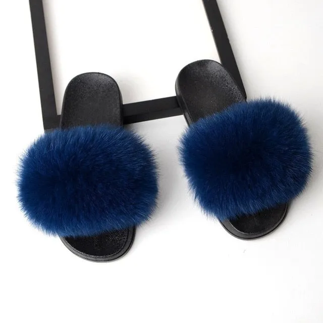 Yeknu Fur Slippers Women Real Fox Fur Slides Home Furry Flat Sandals Female Cute Fluffy House Shoes Woman Brand Luxury