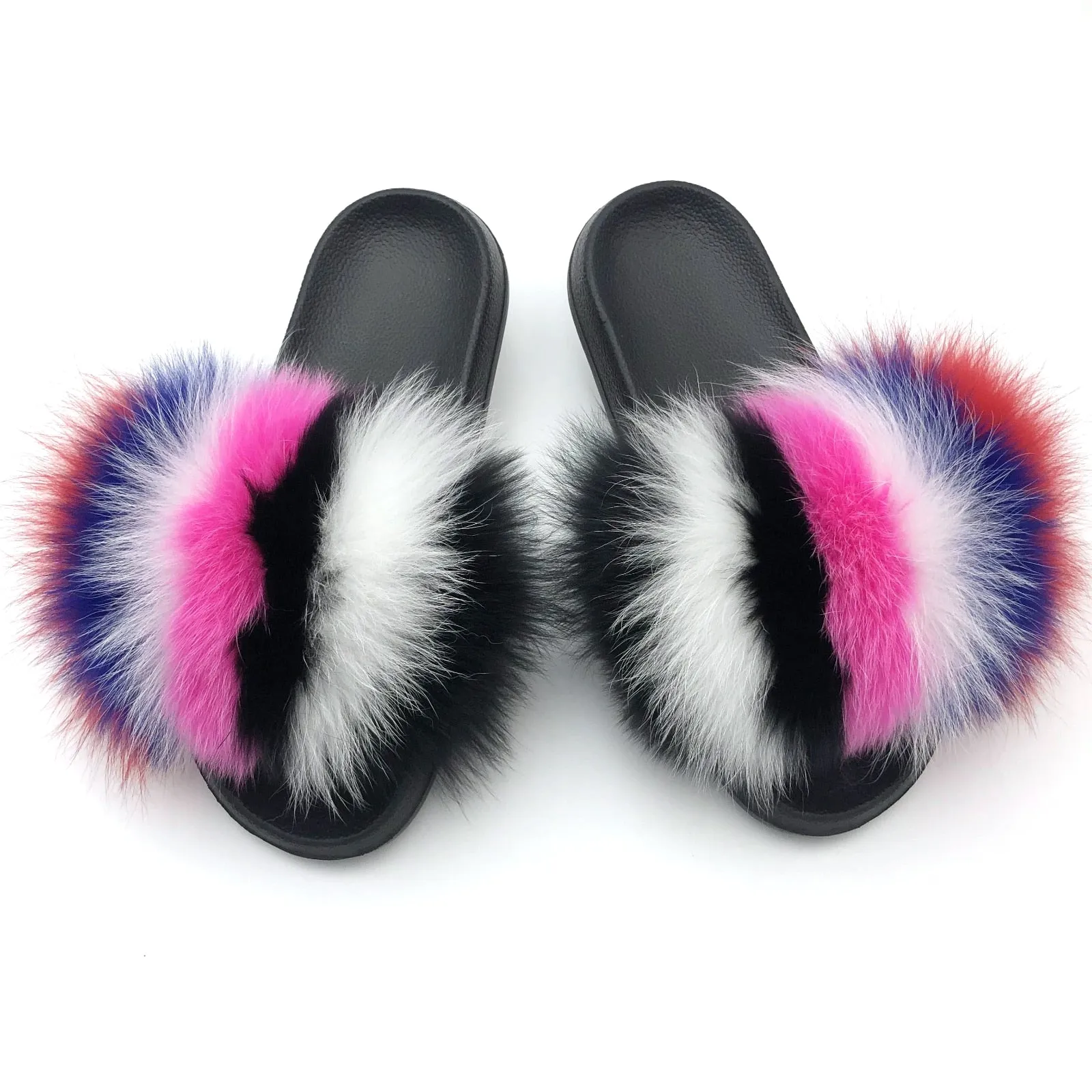 Yeknu Fur Slippers Women Real Fox Fur Slides Home Furry Flat Sandals Female Cute Fluffy House Shoes Woman Brand Luxury