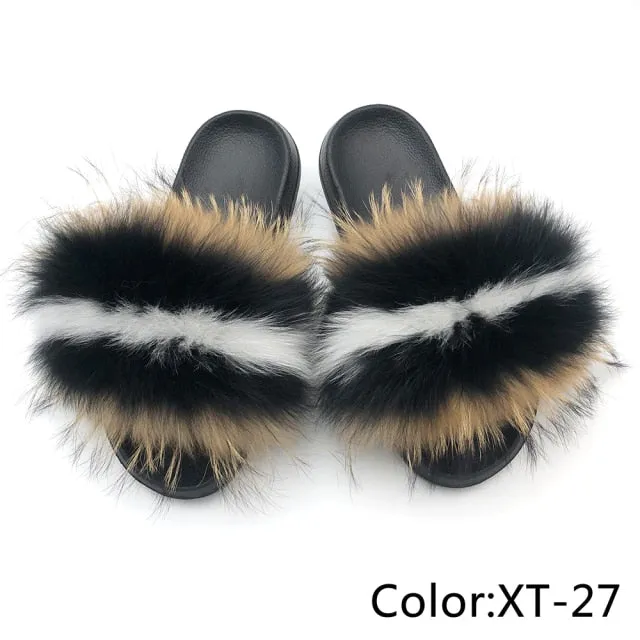 Yeknu Fur Slippers Women Real Fox Fur Slides Home Furry Flat Sandals Female Cute Fluffy House Shoes Woman Brand Luxury