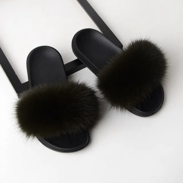 Yeknu Fur Slippers Women Real Fox Fur Slides Home Furry Flat Sandals Female Cute Fluffy House Shoes Woman Brand Luxury