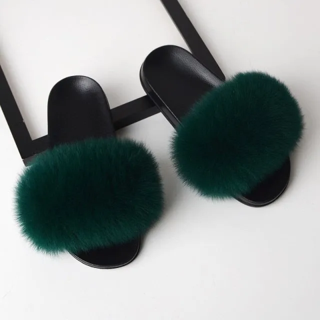 Yeknu Fur Slippers Women Real Fox Fur Slides Home Furry Flat Sandals Female Cute Fluffy House Shoes Woman Brand Luxury