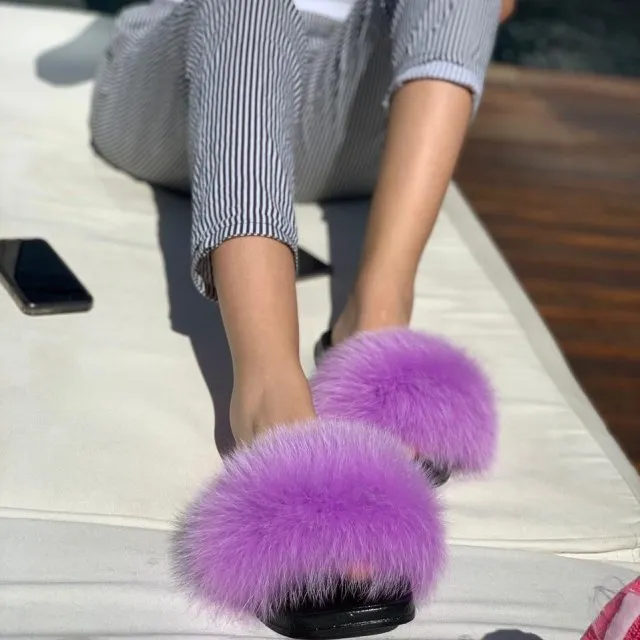 Yeknu Fur Slippers Women Real Fox Fur Slides Home Furry Flat Sandals Female Cute Fluffy House Shoes Woman Brand Luxury