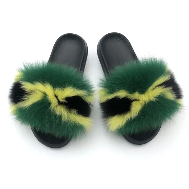 Yeknu Fur Slippers Women Real Fox Fur Slides Home Furry Flat Sandals Female Cute Fluffy House Shoes Woman Brand Luxury