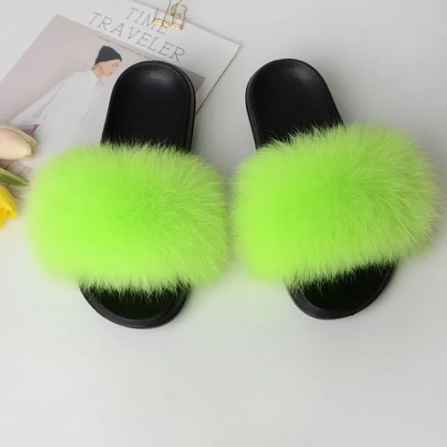 Yeknu Fur Slippers Women Real Fox Fur Slides Home Furry Flat Sandals Female Cute Fluffy House Shoes Woman Brand Luxury
